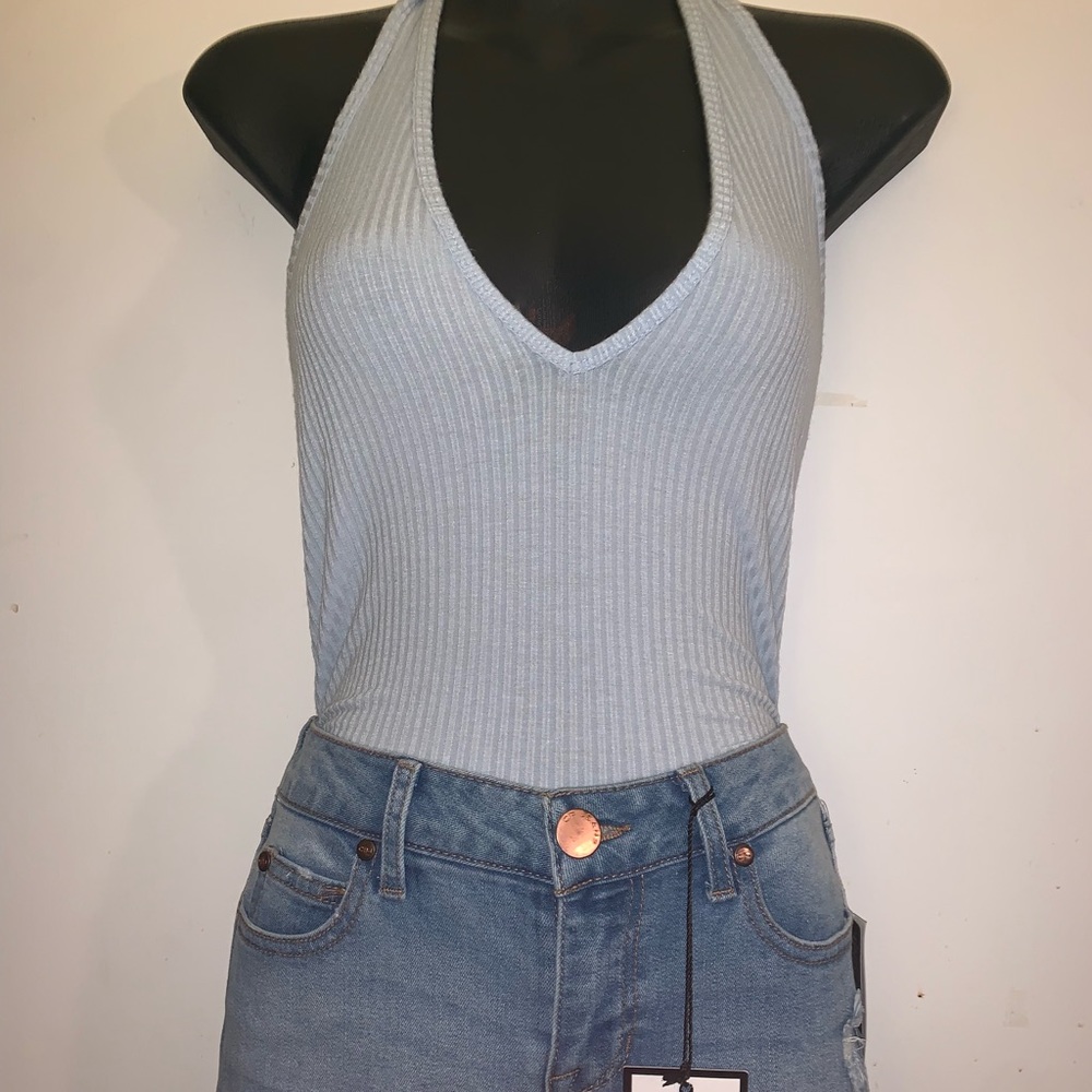 Blue halter body suit